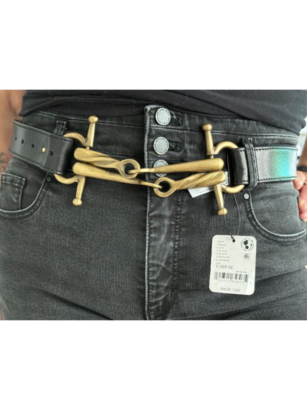 NWT We The Free Free People Leather Belt Brass Horsebit Hook Buckle Black S/M